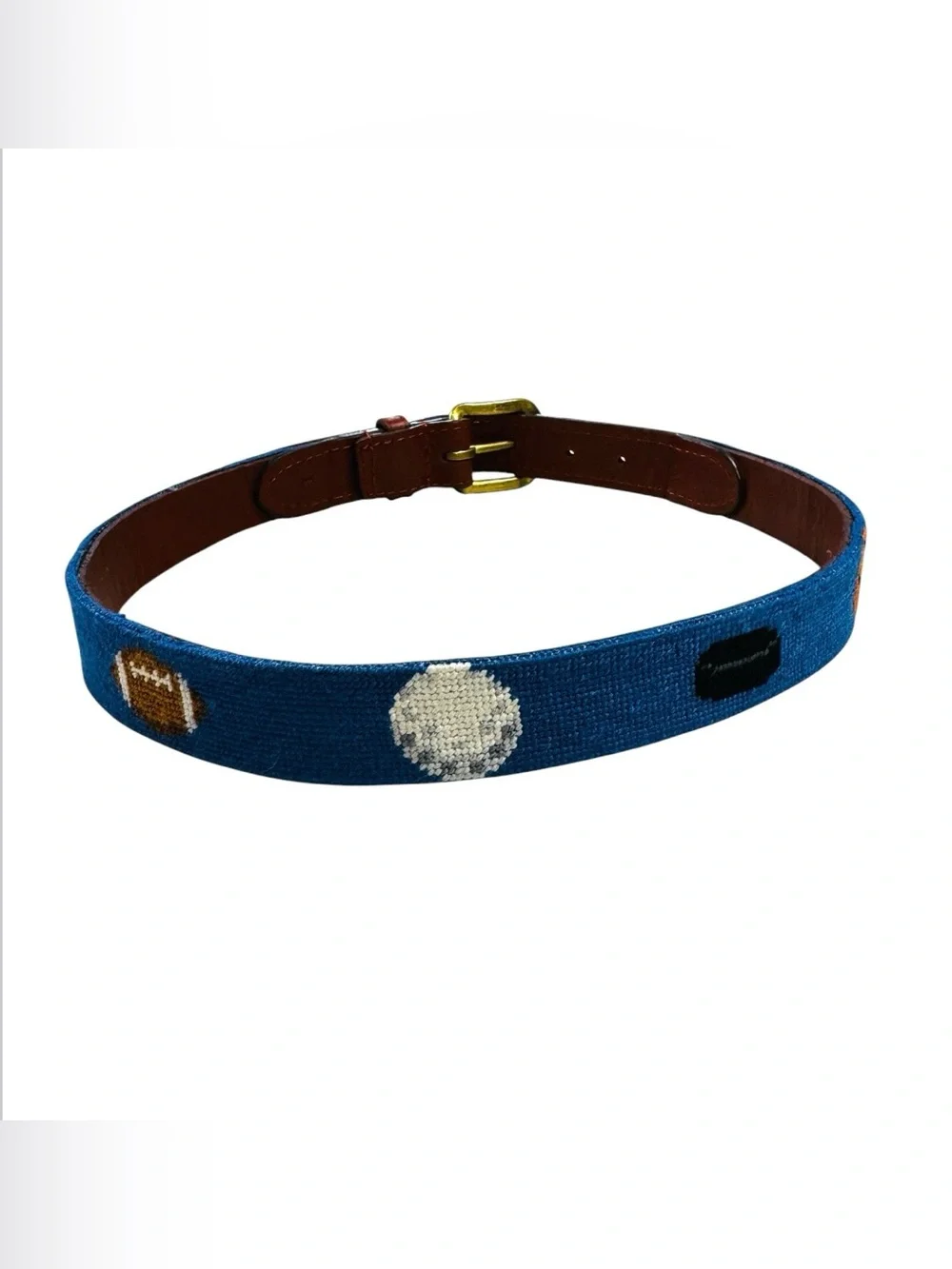Smathers and Branson  Sports Needlepoint Kids Belt with Brown Leather Trim Large